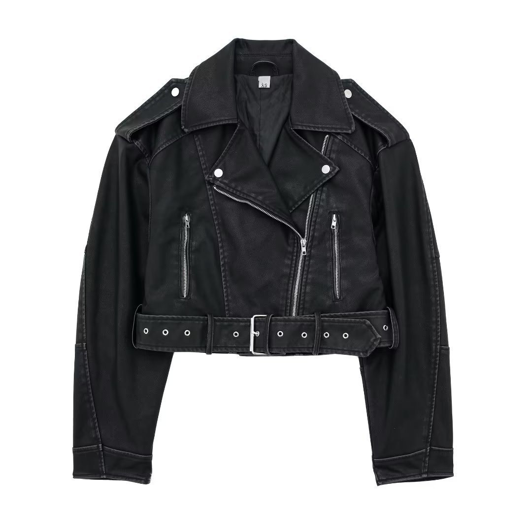 Women's Faux Leather Moto Jacket with Asymmetric Zip and Belt