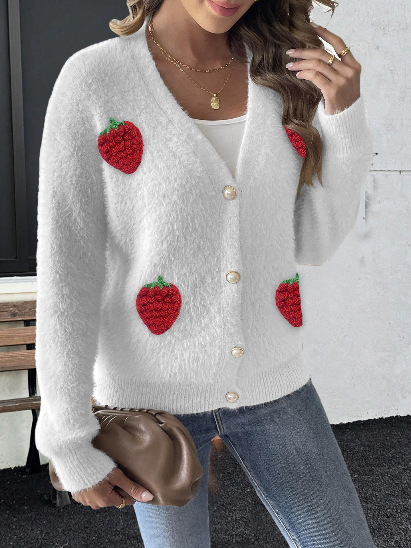 Women's Faux Mink Cardigan with Pearl Buttons & Strawberry Embroidery