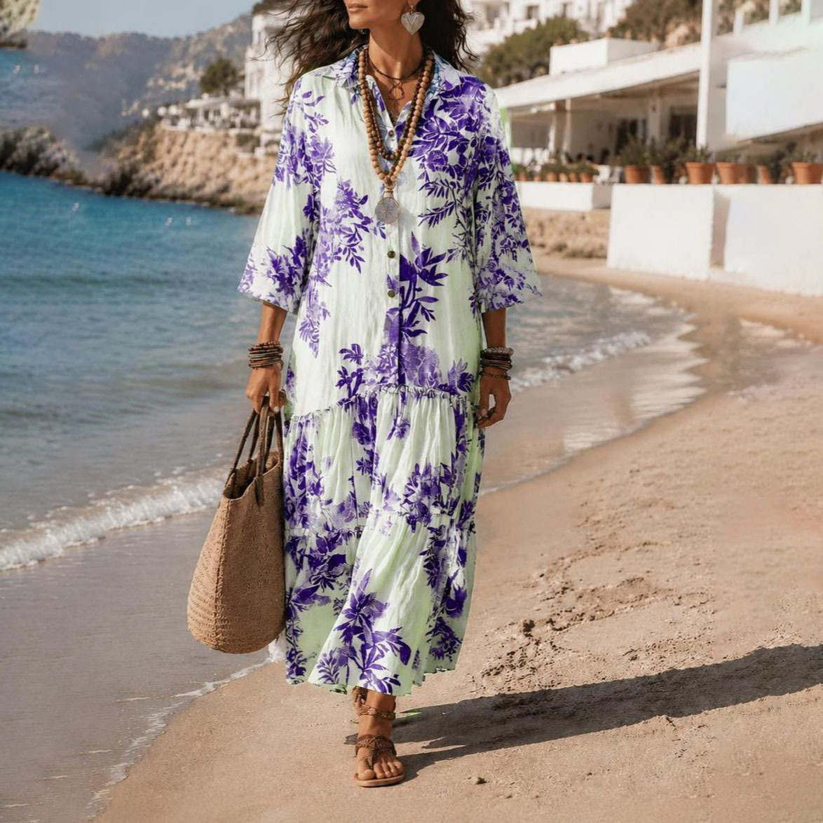 Women's Boho Floral Print Long Sleeve Collared Shirt Dress