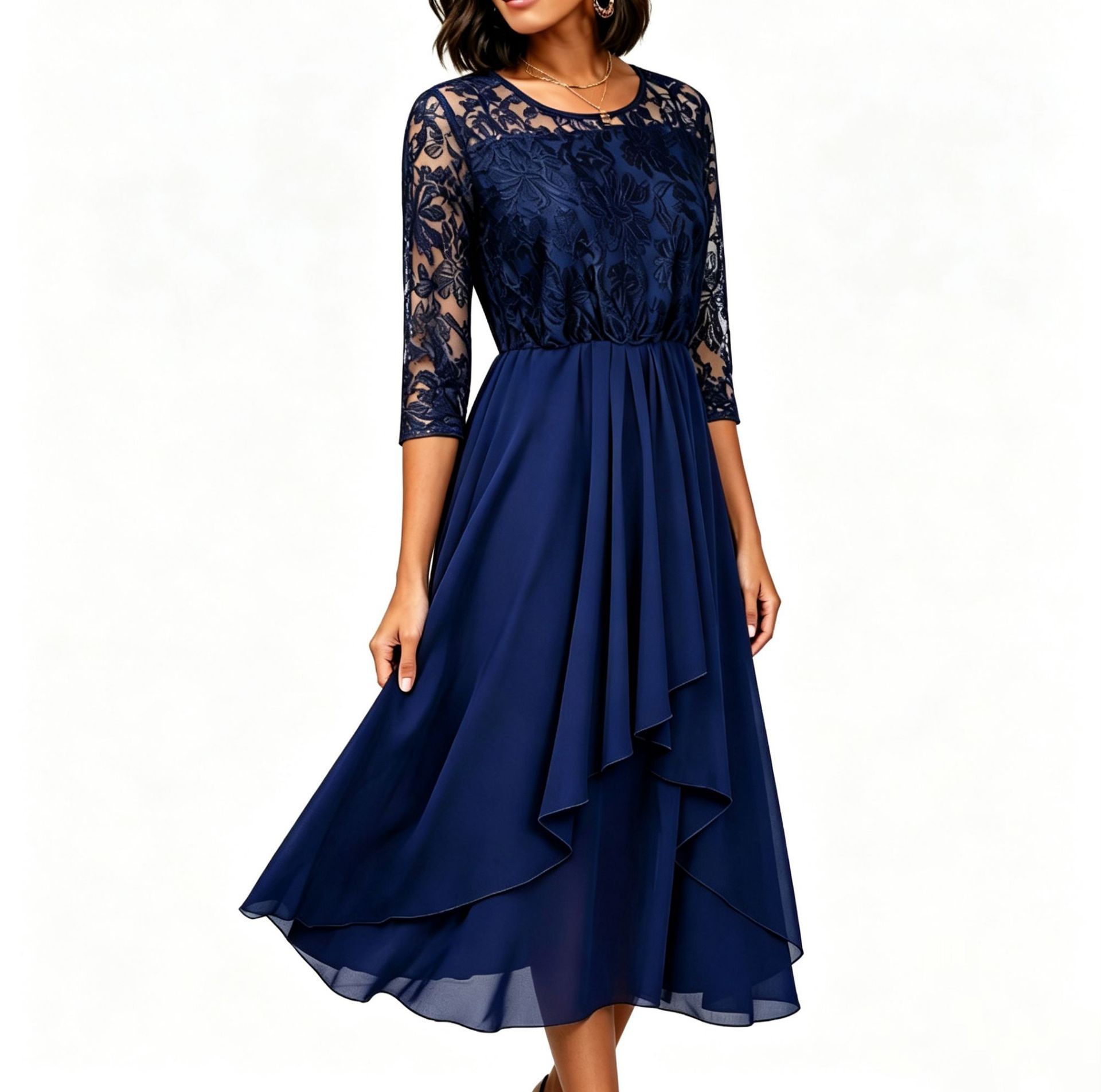 Women's Summer Lace Chiffon Round Neck Asymmetrical Hem Dress