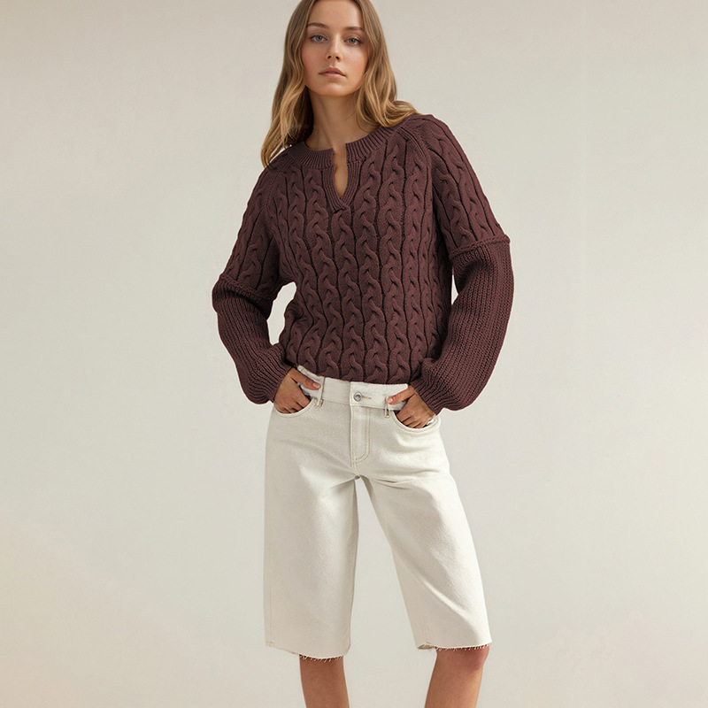 Cable-Knit V-Neck Long-Sleeve Sweater