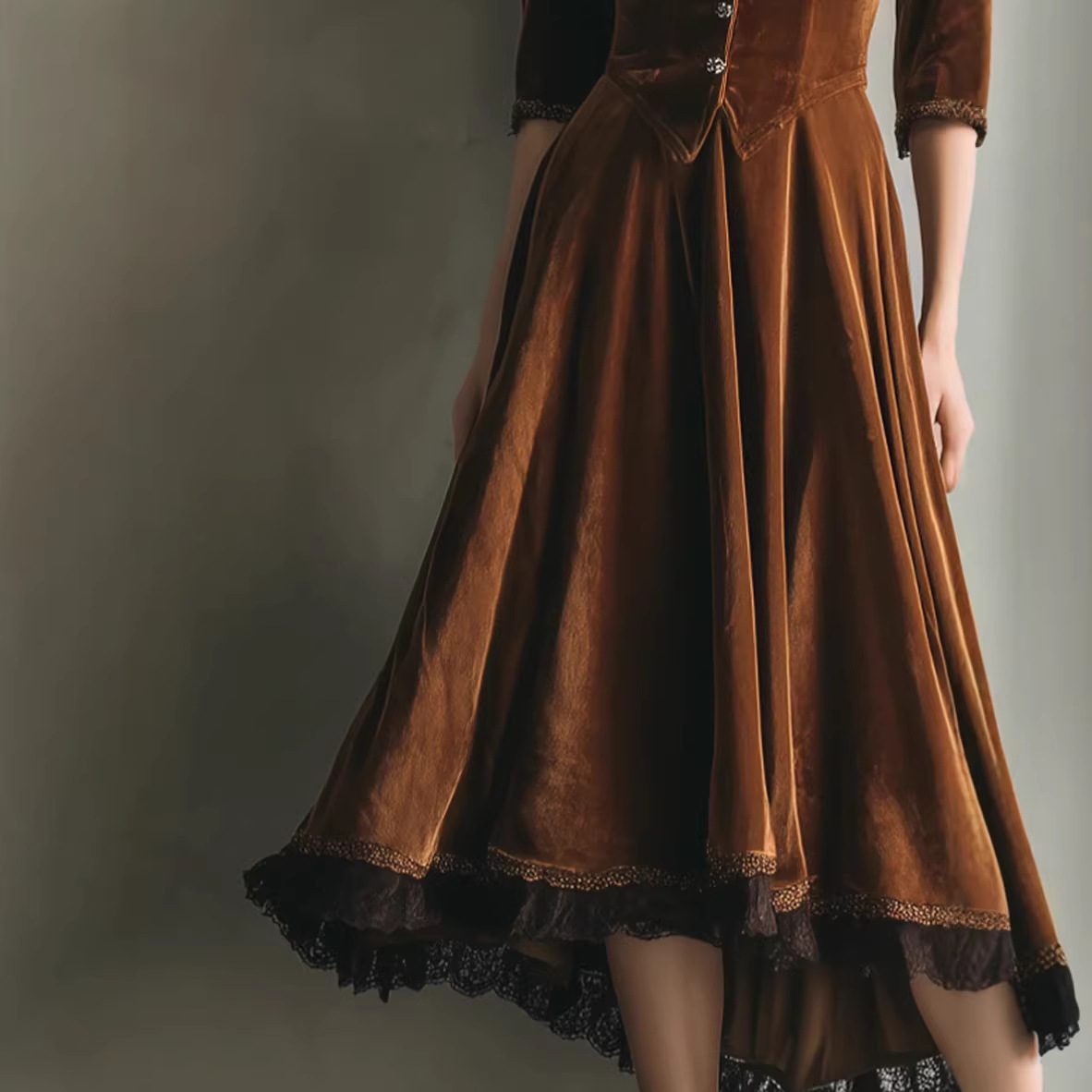 Western V-Neck Velvet Lace-Trim Maxi Dress