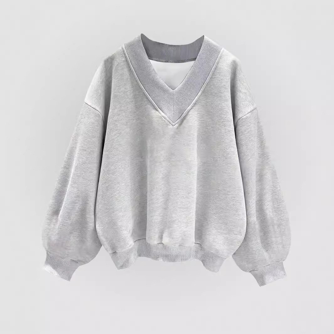 Gray V-Neck Pullover Sweatshirt Long Sleeve Loose Fit