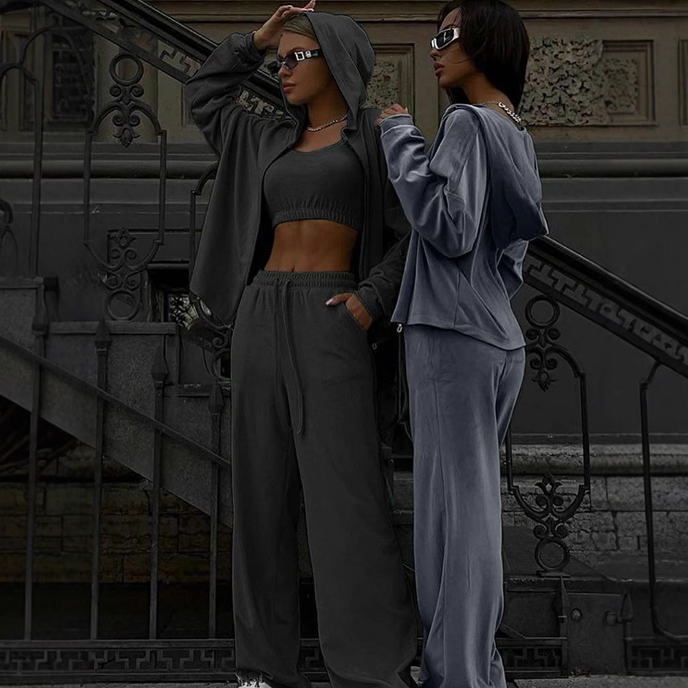 Velvet Zip Sweatshirt & Drawstring Pants Casual Set for Women