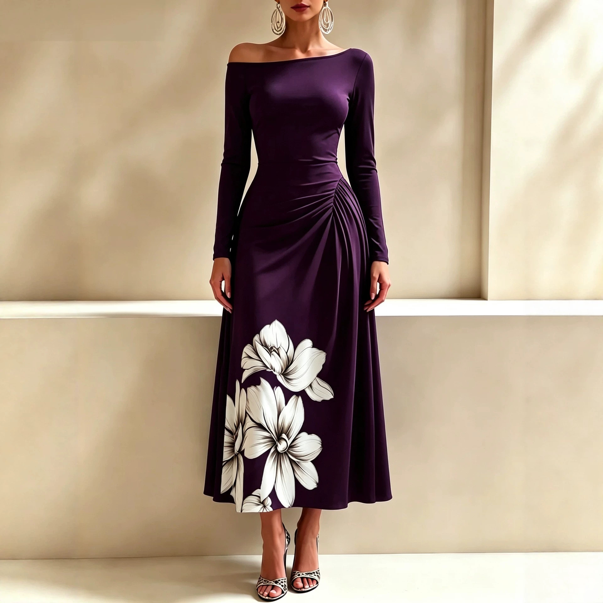 Off-Shoulder Floral Print Maxi Dress with Side Waist Ruching