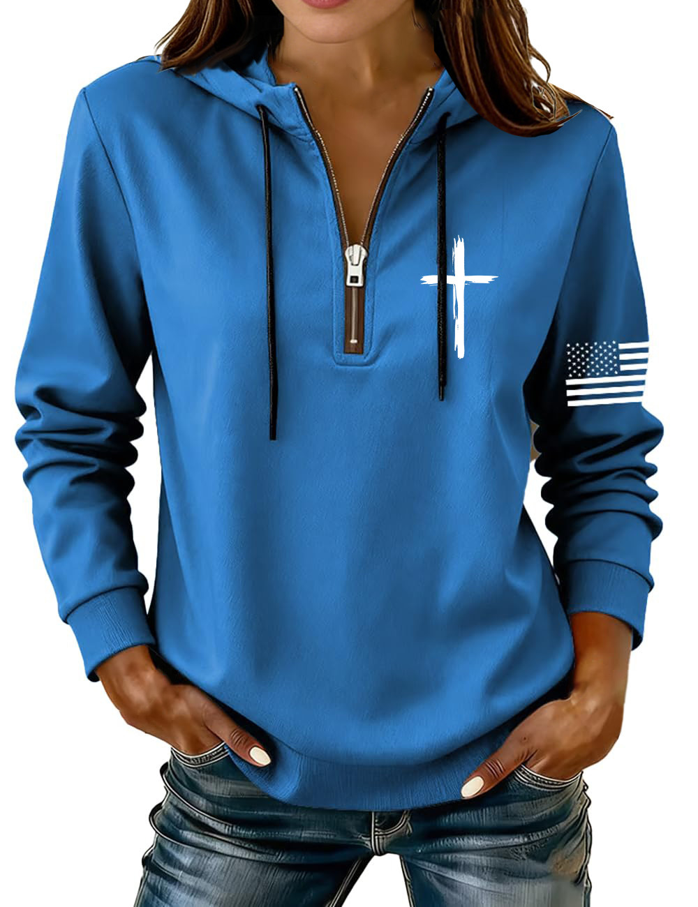 Cross & American Flag Print Half-Zip Hoodie
