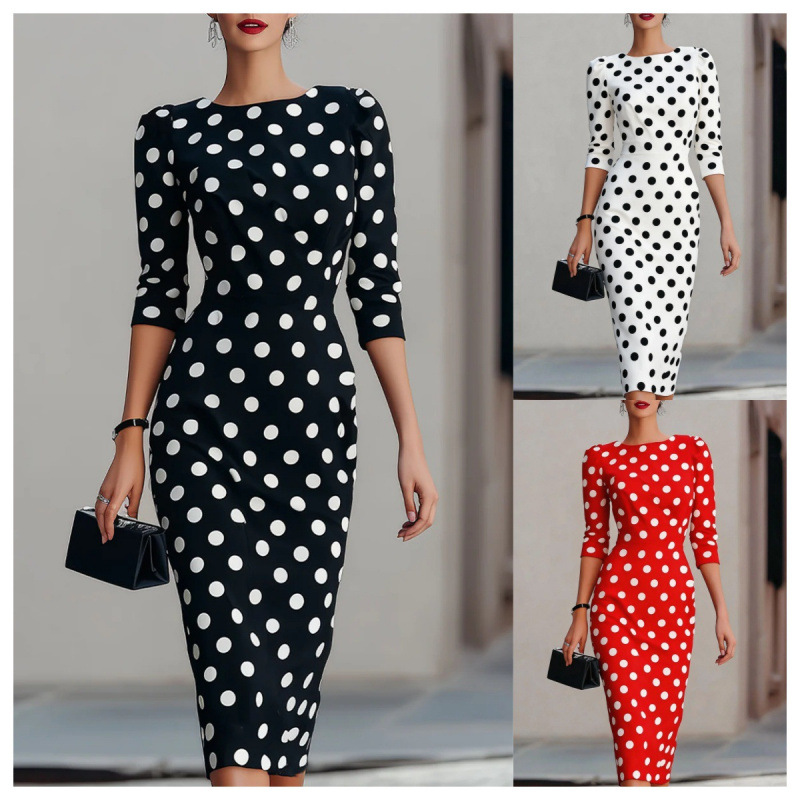 Color-Block Polka Dot Waist-Cinching Slim Fit Midi Dress