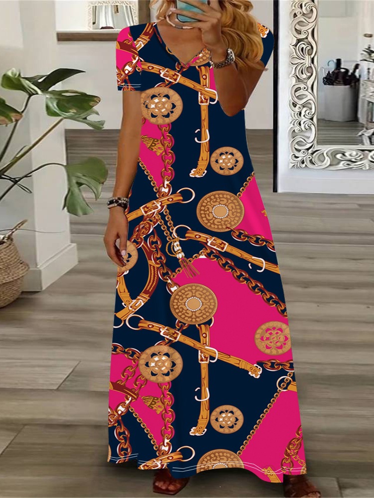 Leopard Zebra Print Patchwork V-Neck Short Sleeve Long Dress
