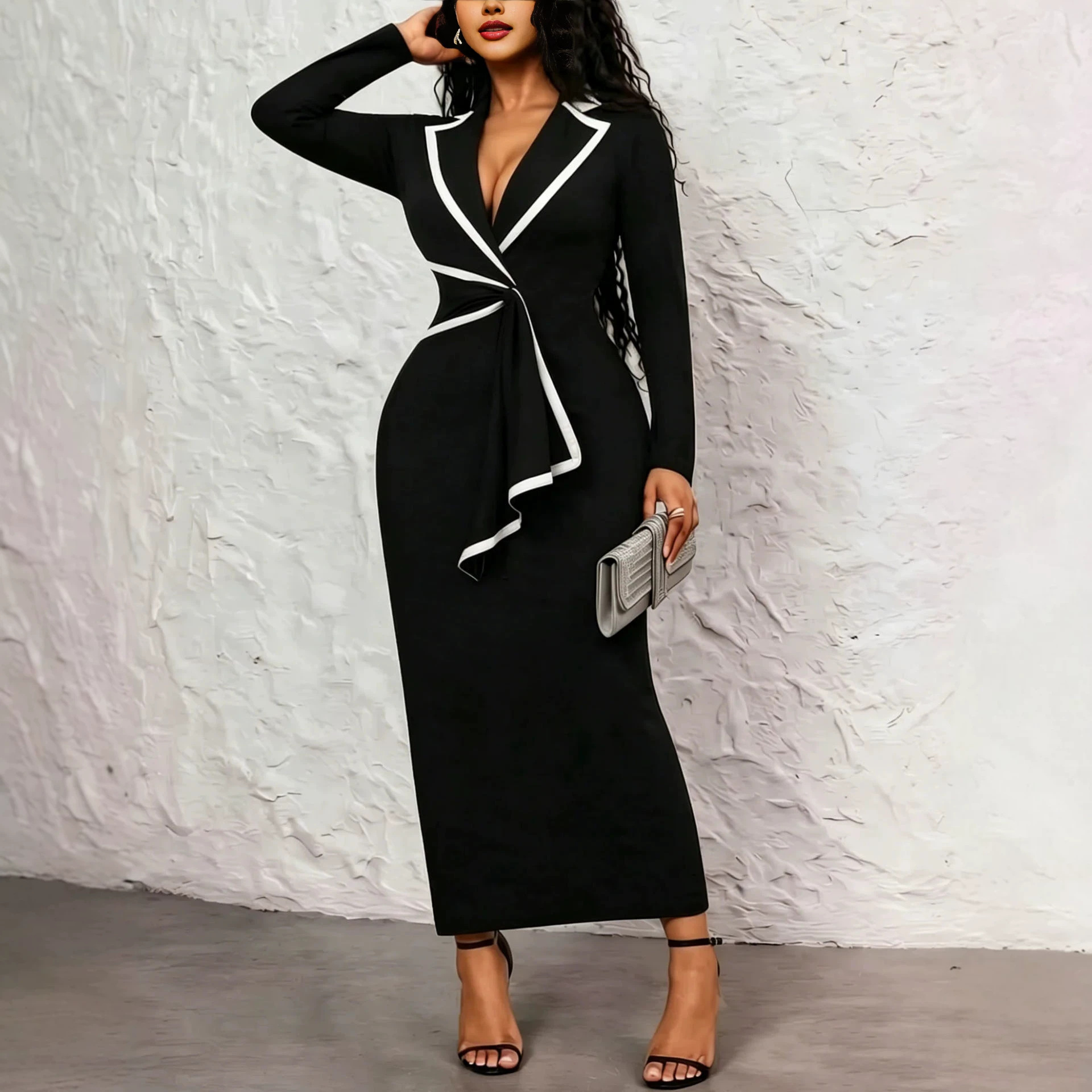 Women's Elegant Color-Block Tie-Front Collared Long Dress