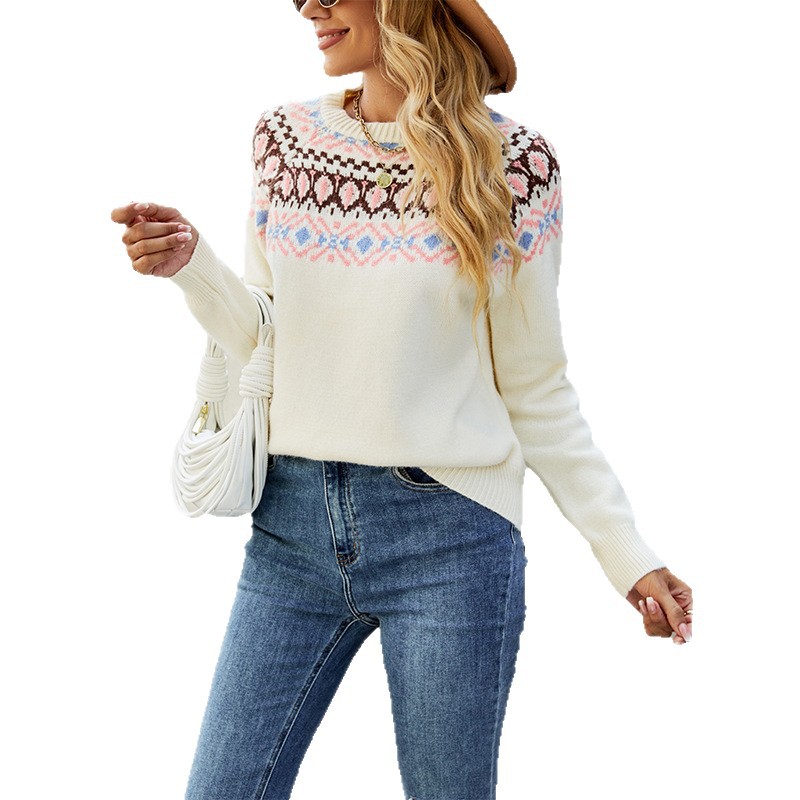 Women's Jacquard Knit Sweater Retro Crewneck Pullover