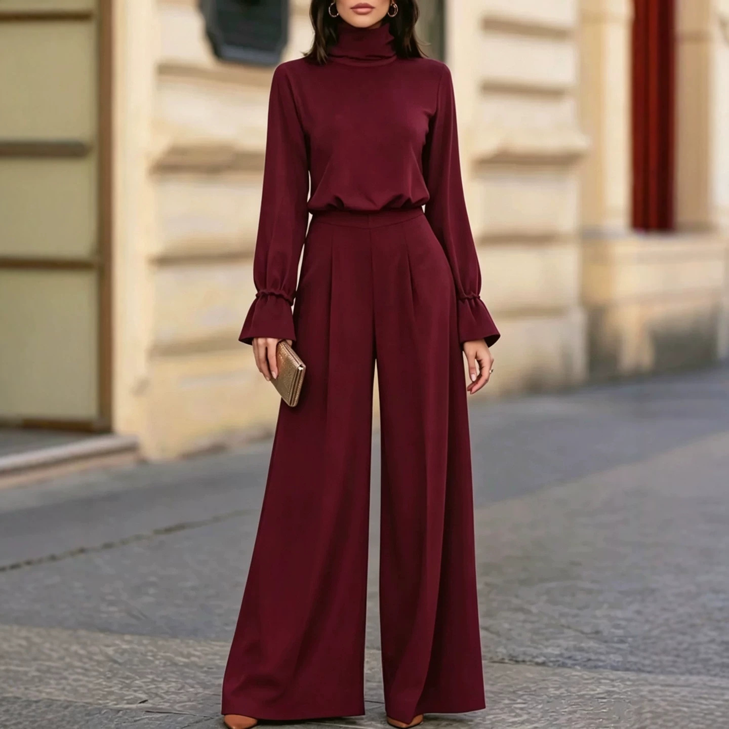 Women's Mock Neck Solid Top and High-Waist Wide-Leg Pants Two-Piece Set