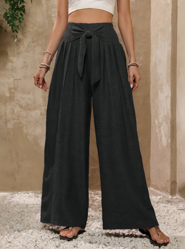 Women's High-Waist Tie-Front Wide-Leg Pants with Pockets