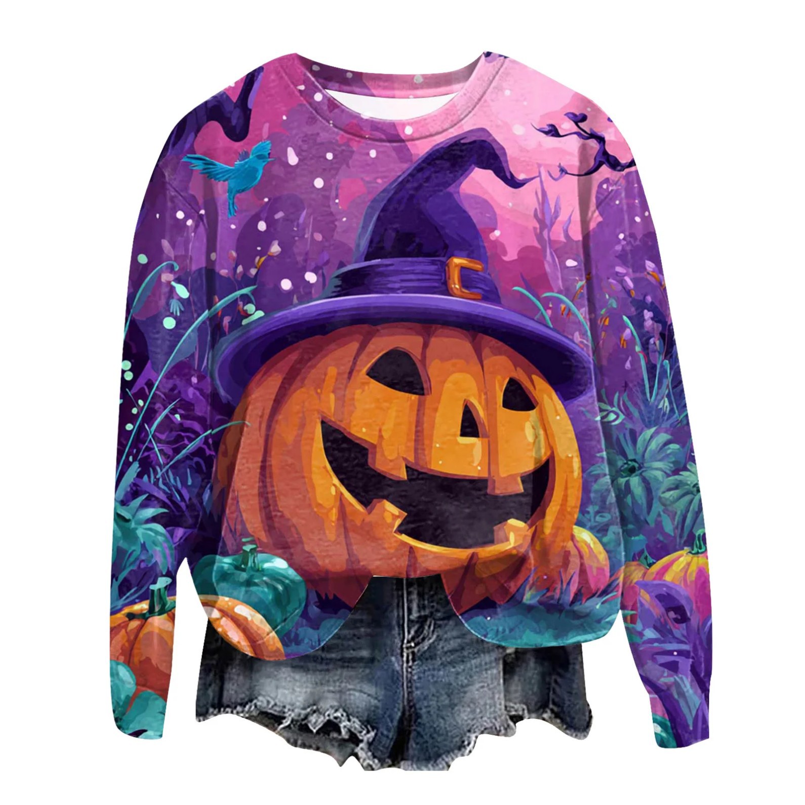 Women's Halloween Cross Castle Ghost Wolf Print Crewneck Sweatshirt