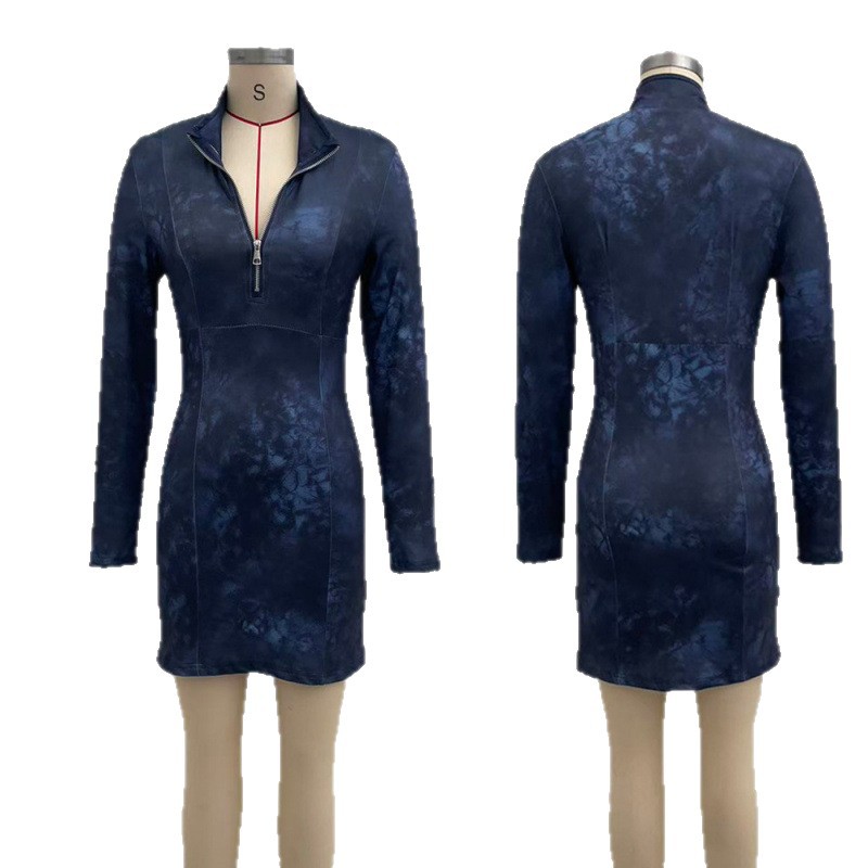 Women's French Zip Bodycon Long Sleeve Mini Dress