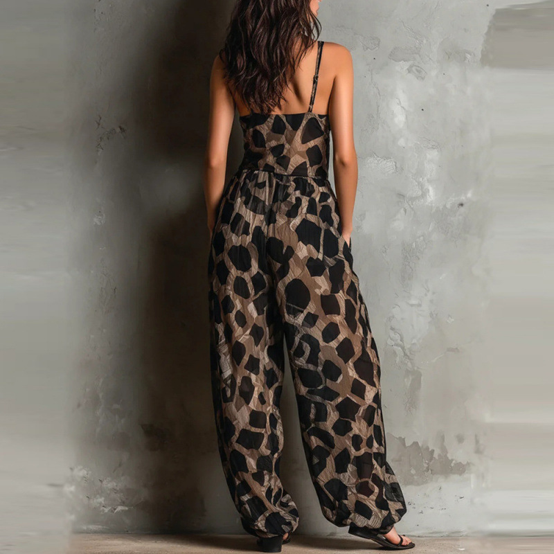 Leopard Print Twist Strap Deep V Wide Leg Jumpsuit
