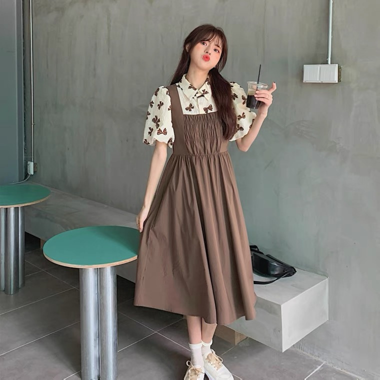 Floral Print A-Line Midi Dress with Polo Collar and Puff Sleeves