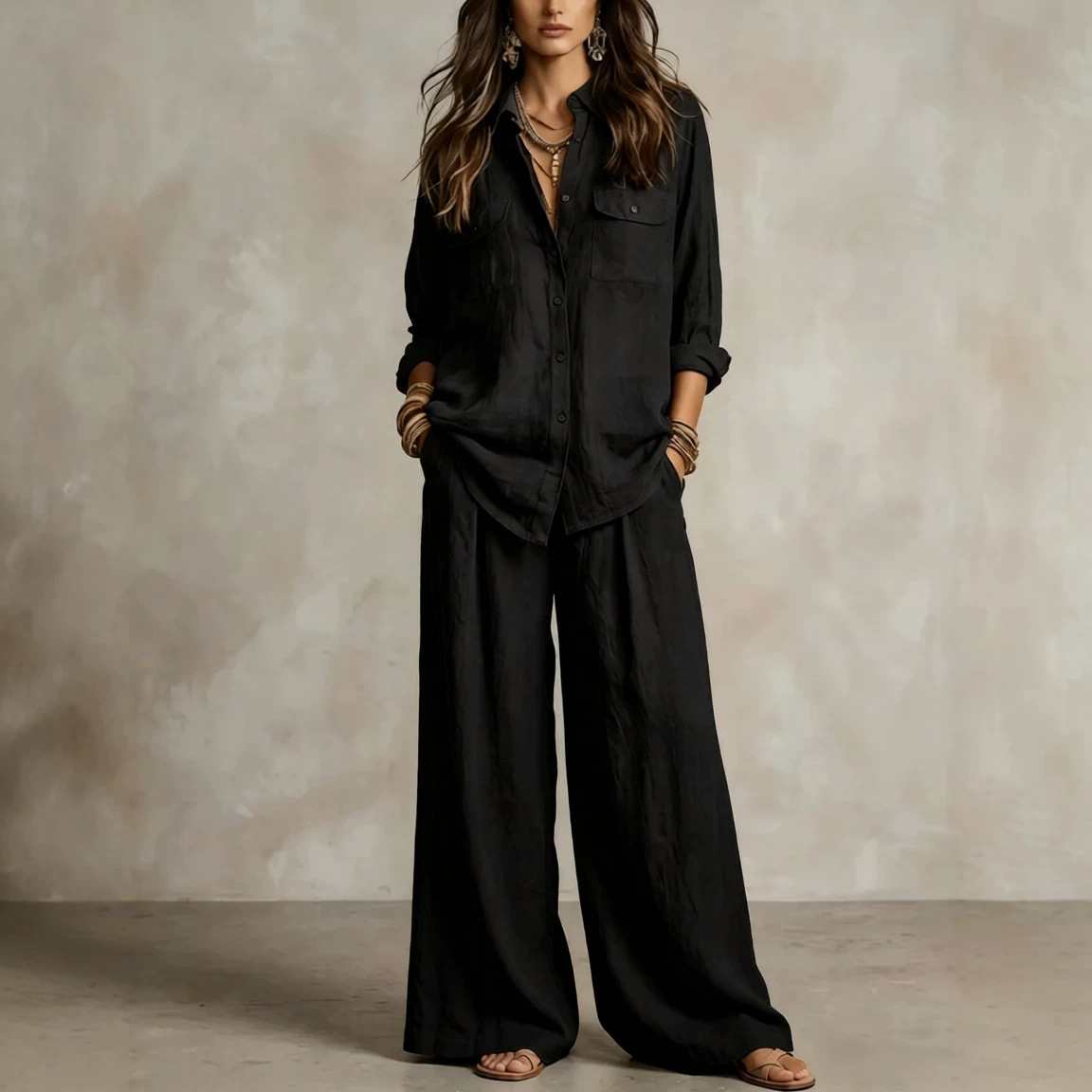 Women's Lightweight Long Sleeve Shirt and Wide-Leg Pants Set