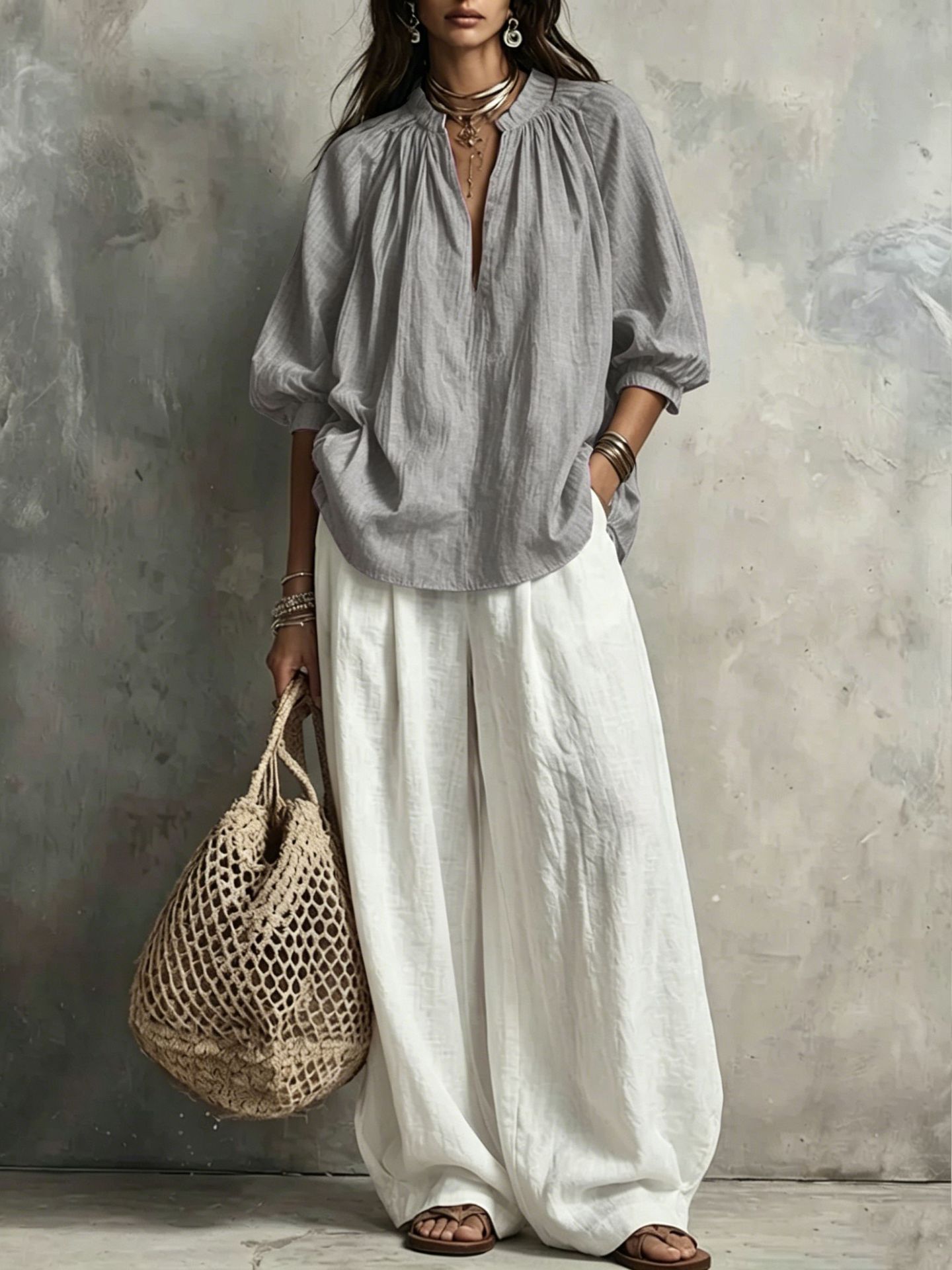 Boho V-Neck 3/4 Sleeve Shirt & Wide-Leg Pants Set