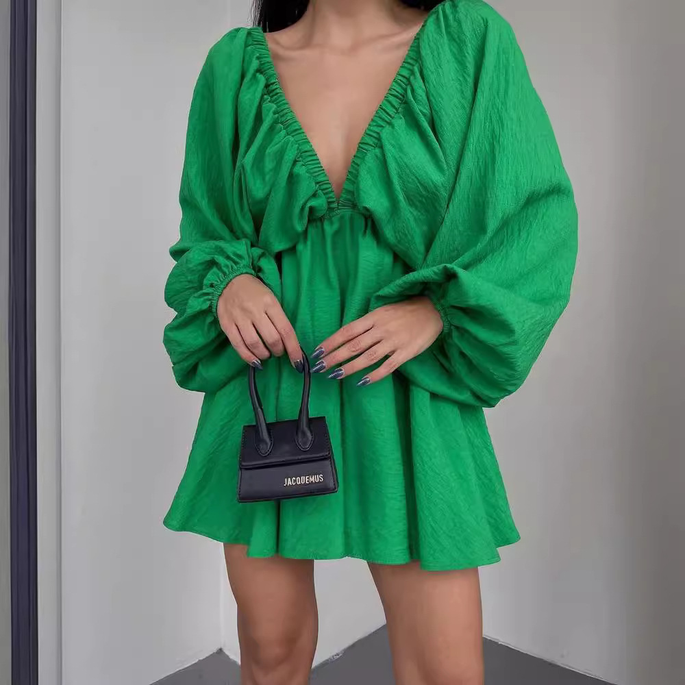 Women's Lantern Sleeve V-Neck Midi Dress French Vintage Style