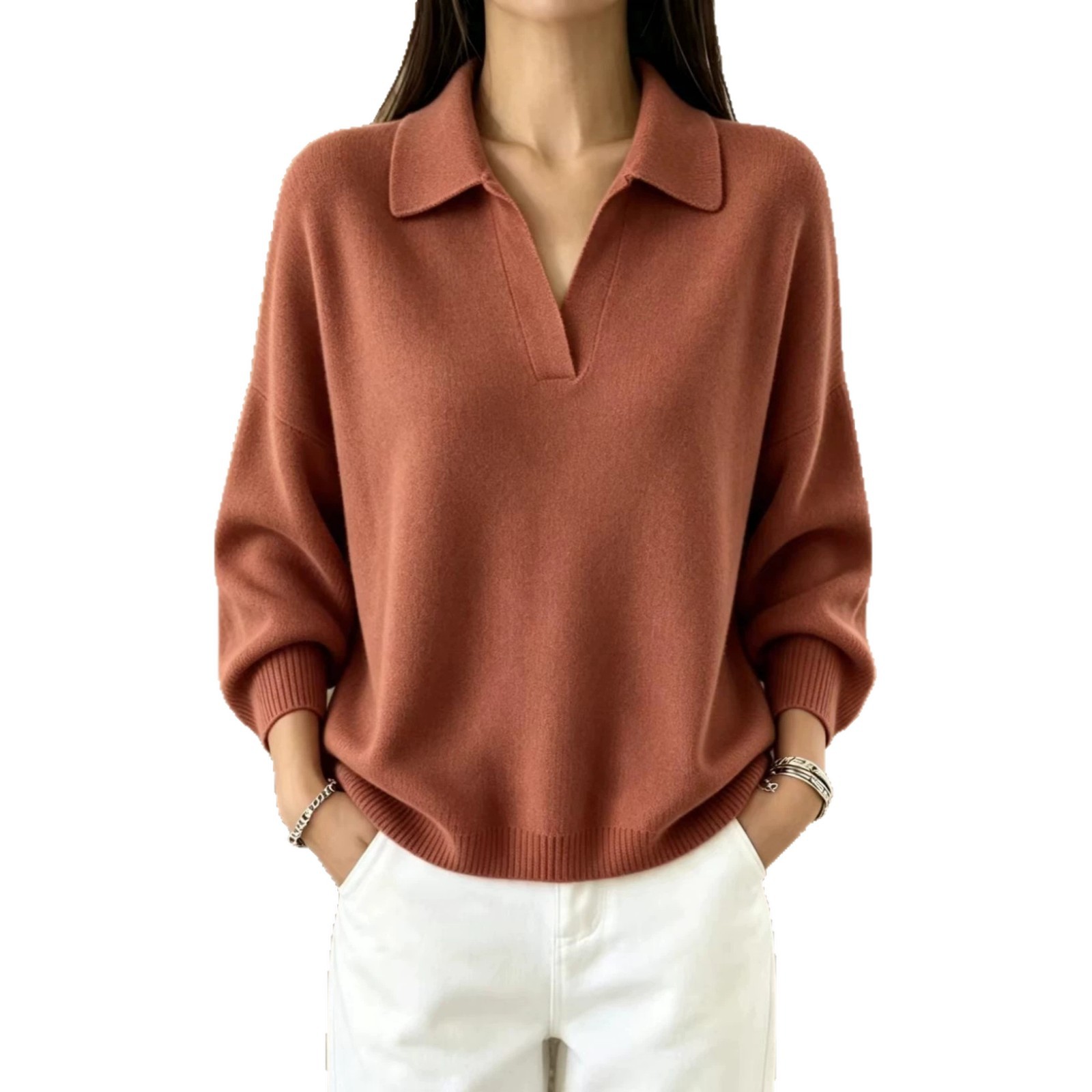 Polo Collar Knit Sweater Loose Fit V-Neck Pullover