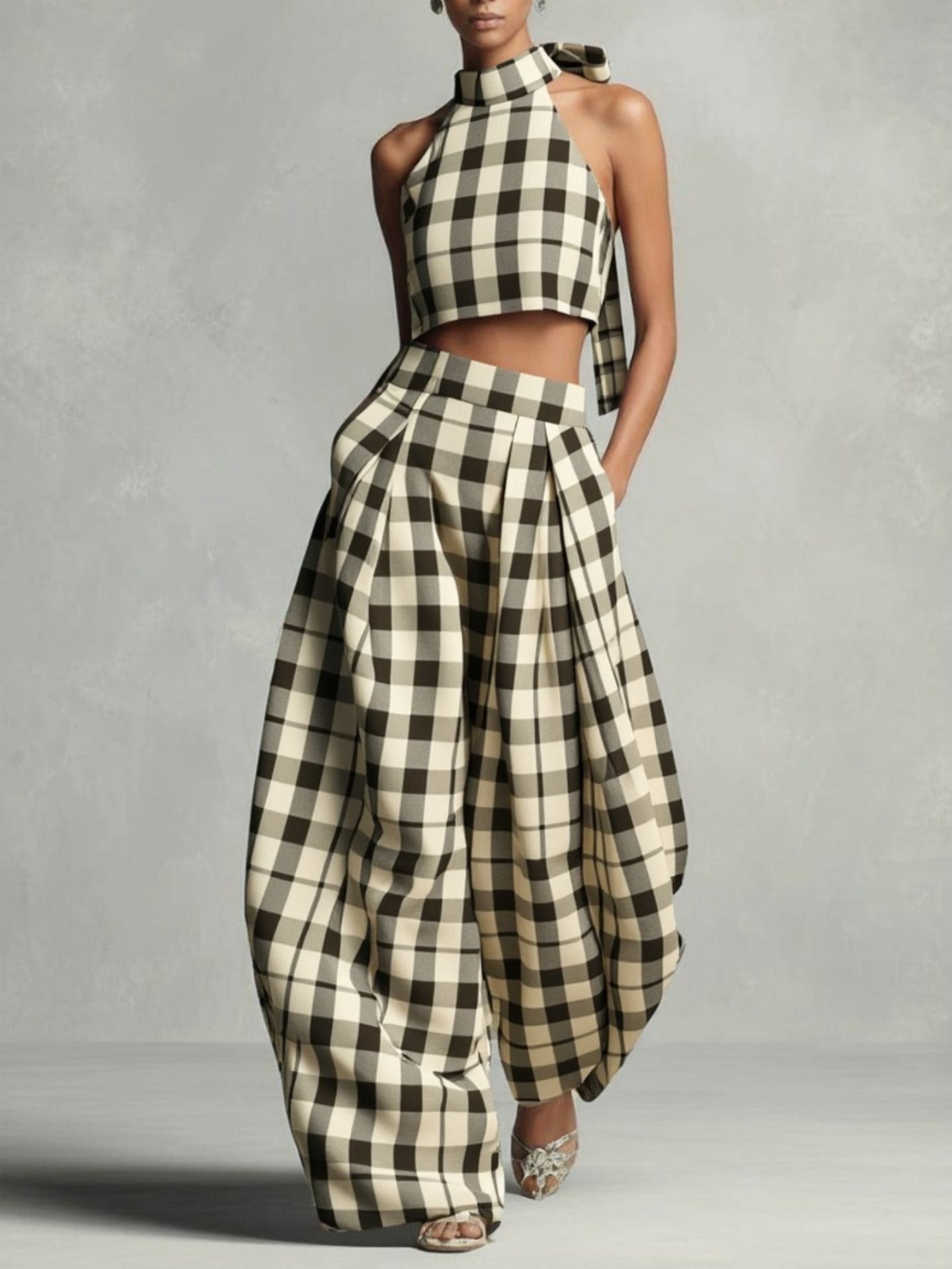 Women's Beige Brown Plaid Halter Crop Top and Wide-Leg Pants Set