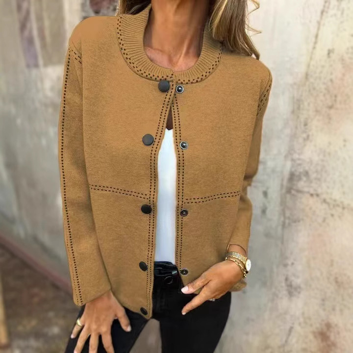 Striped Loose Crewneck Button-Front Long-Sleeve Cardigan Sweater