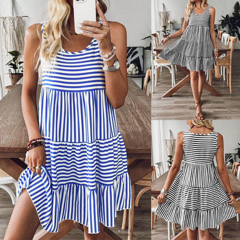 Striped Print Sleeveless Tank Dress Round Neck Casual Women's Dress
