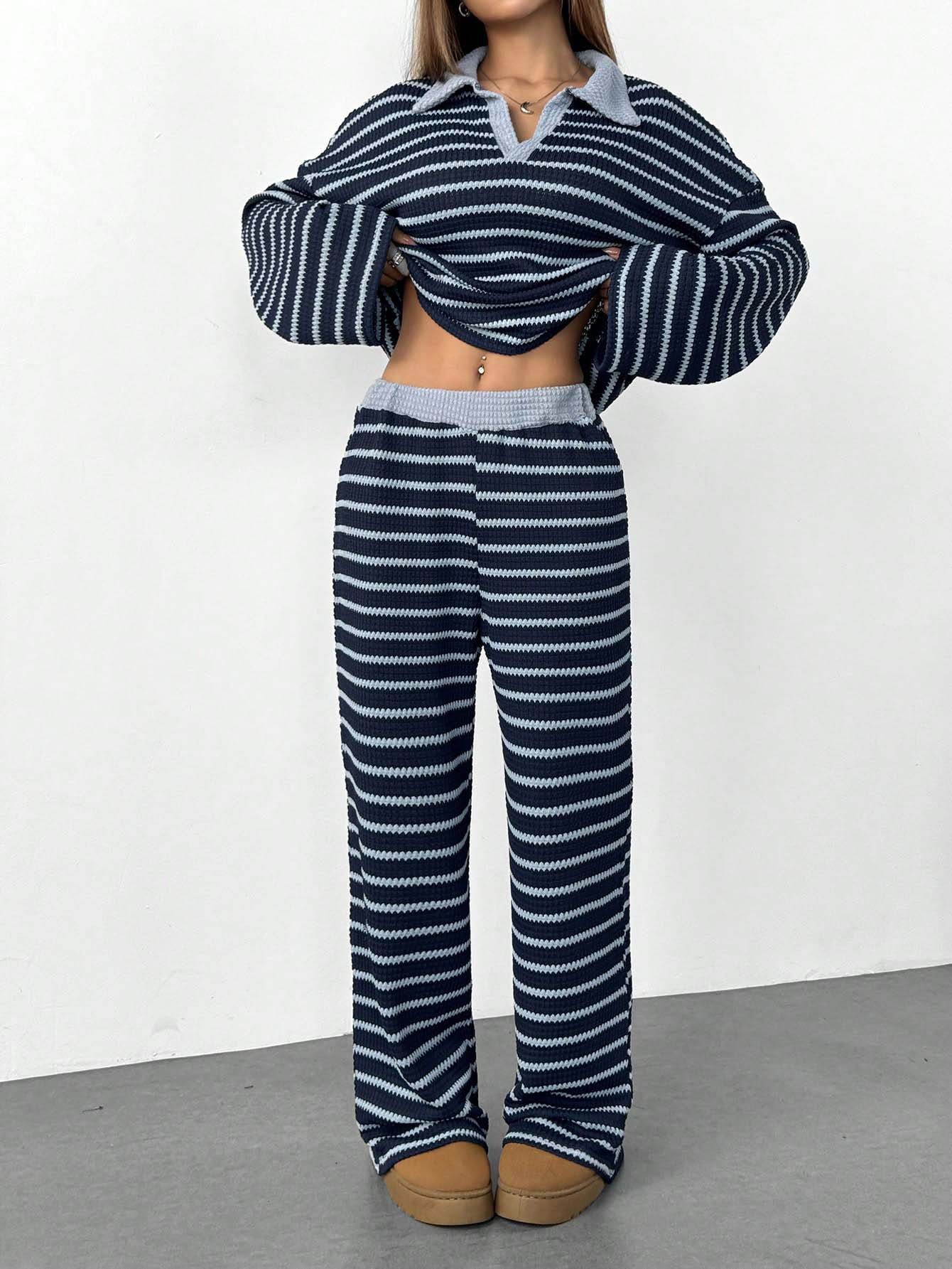 Striped Knit Color-Block Collared V-Neck Long-Sleeve Top & Pants Set