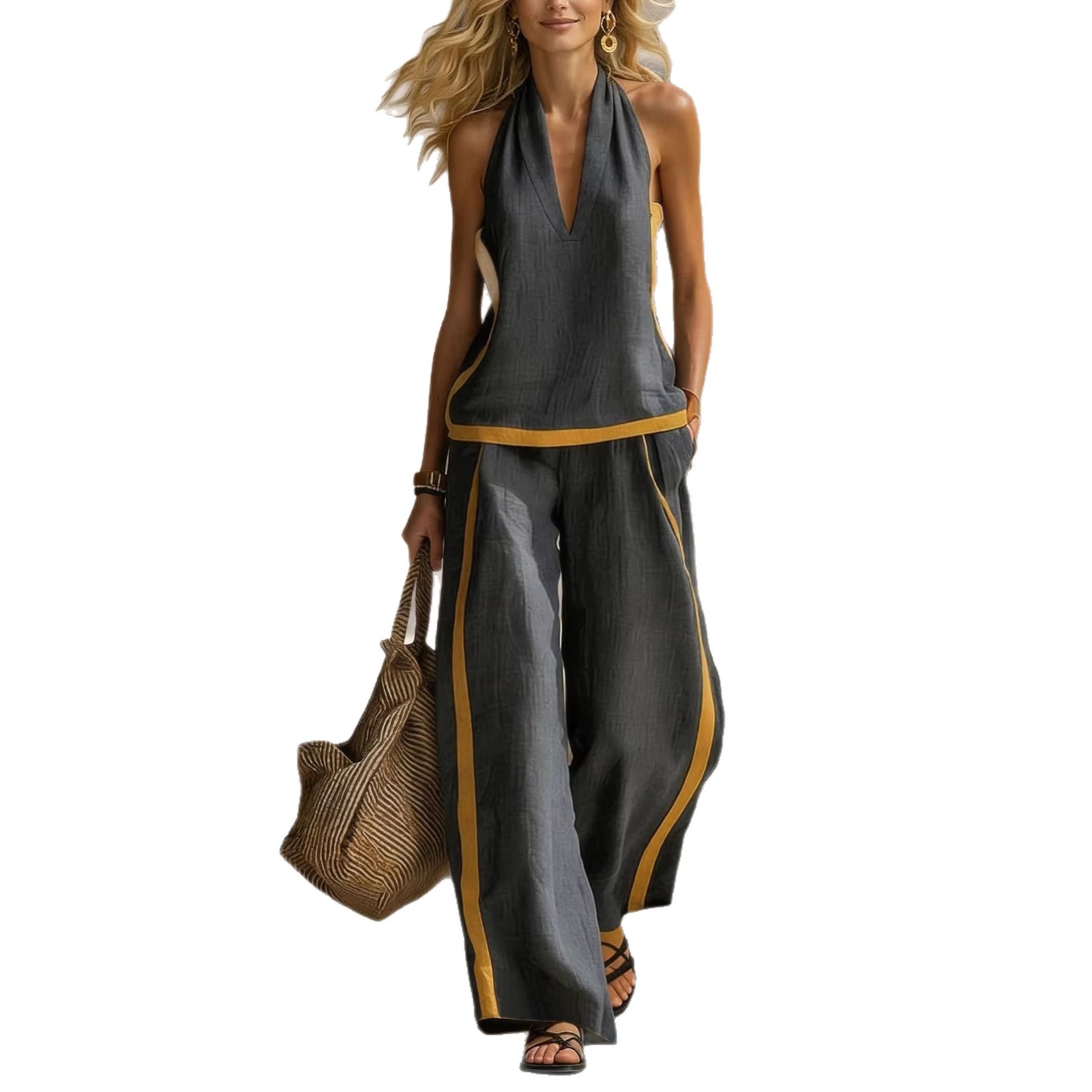 Women's Color-Block Wide-Leg Two-Piece Set Sleeveless Vest & Pants