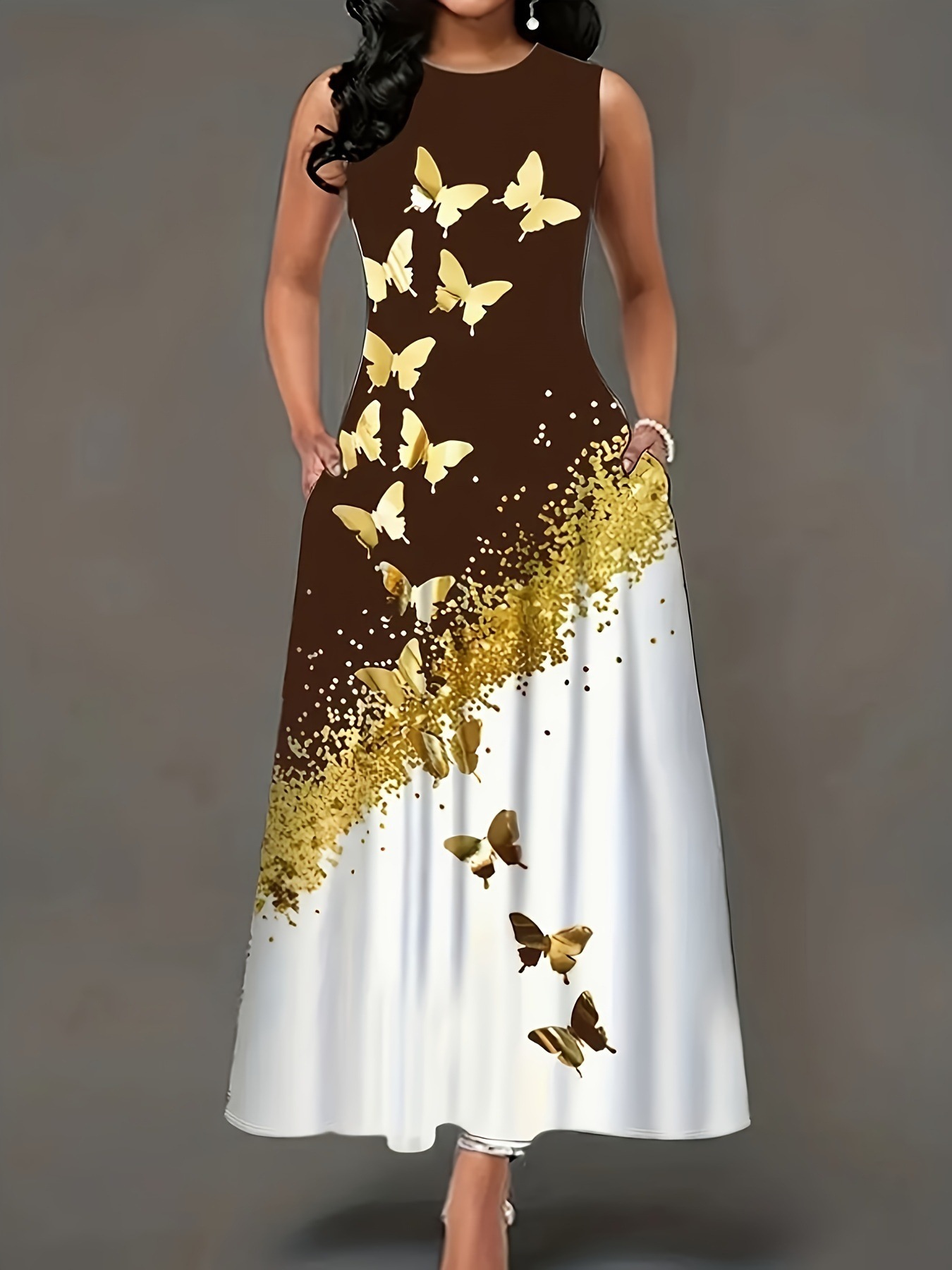 Butterfly Print Sleeveless A-Line Maxi Dress with Pockets