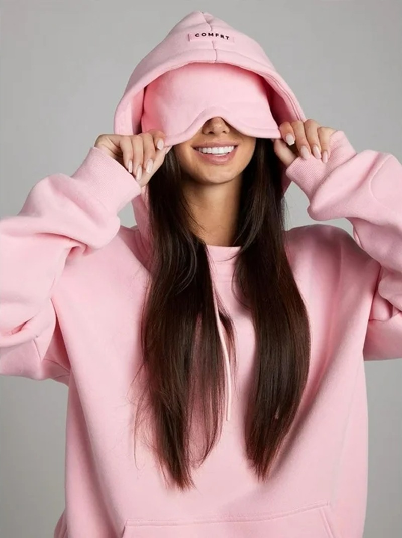 Built-in Eye Mask Hoodie Solid Color Pullover Long Sleeve Sweatshirt Set