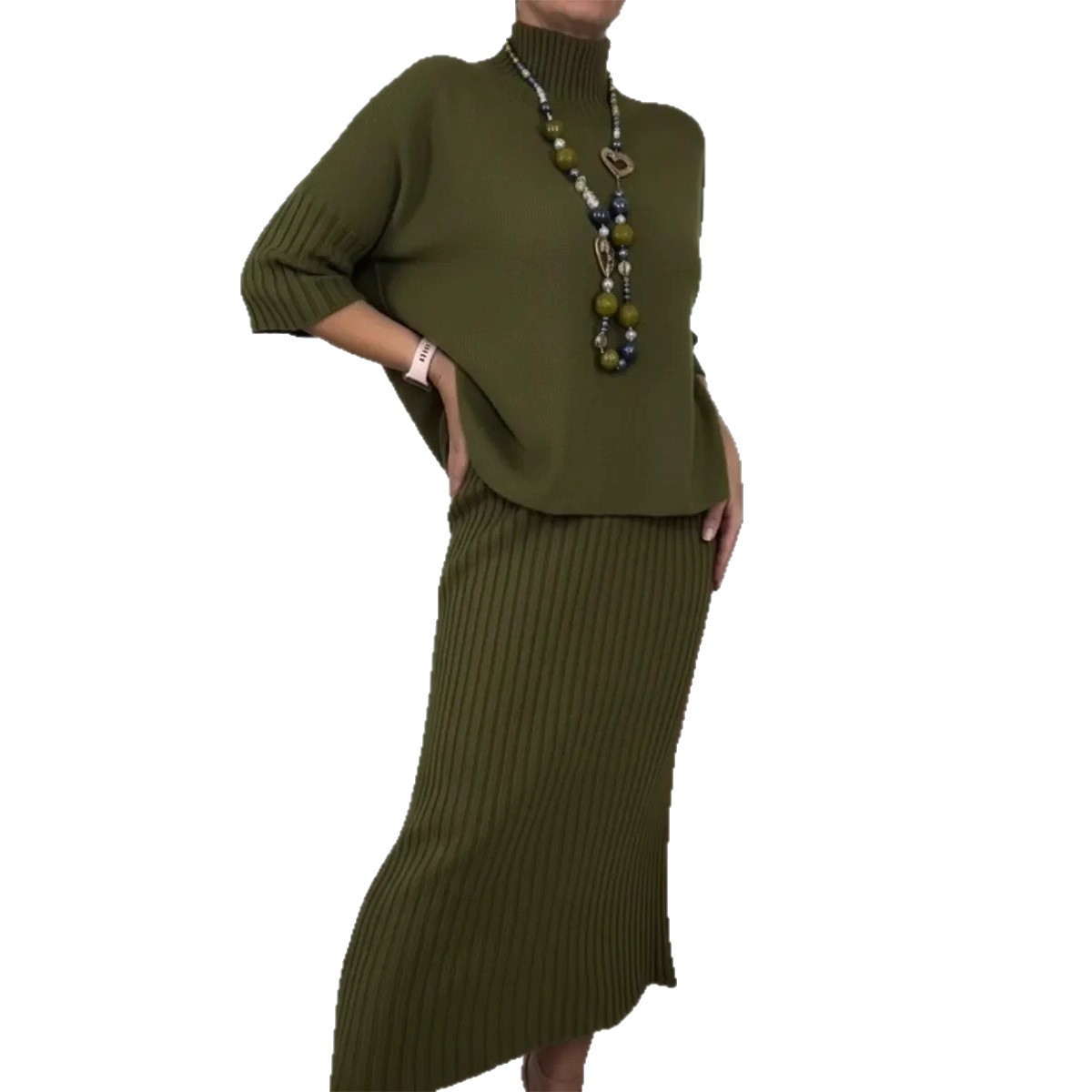 Elegant High-Neck Knit Sweater and Midi Skirt Two-Piece Set