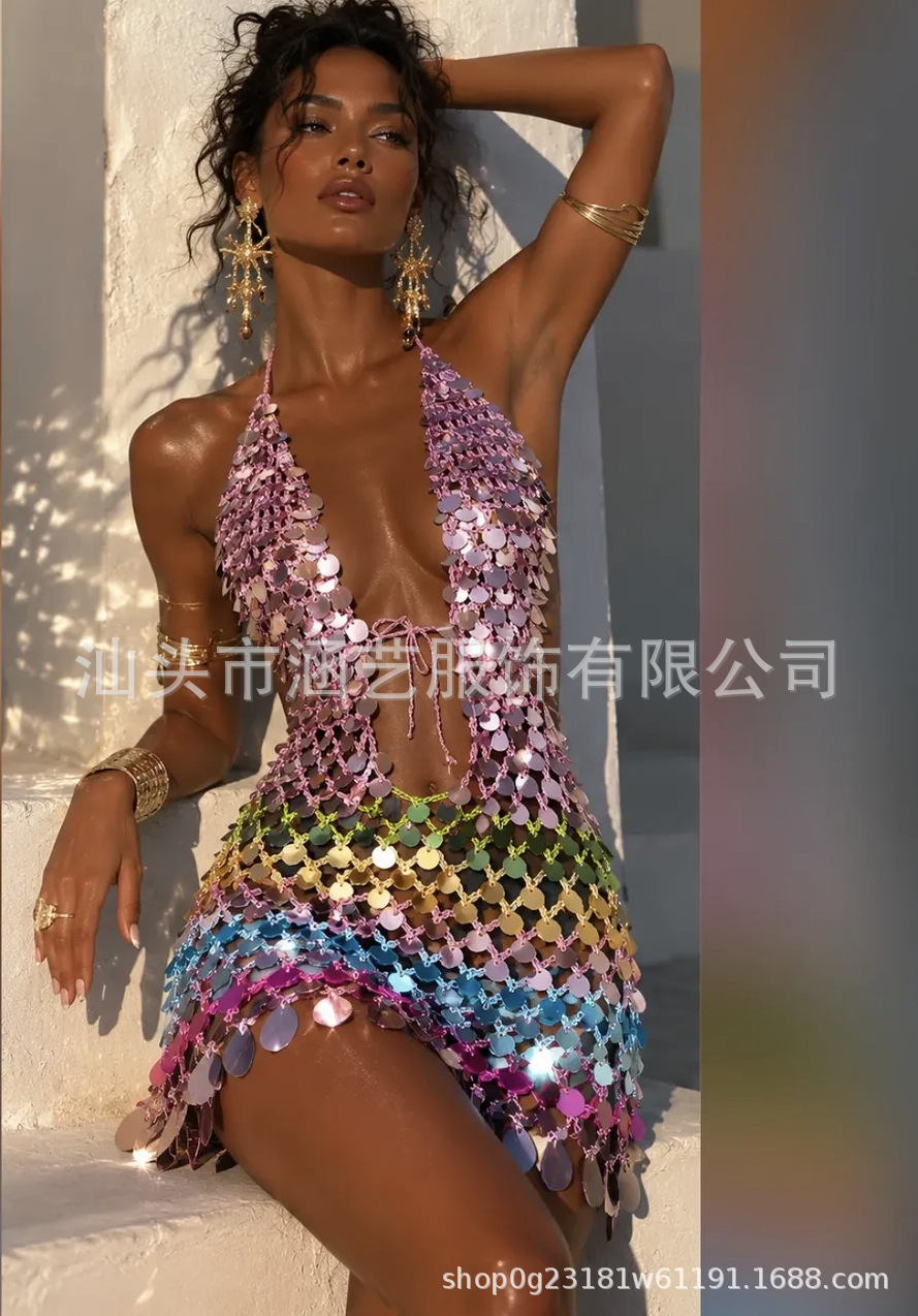 Colorful Sequin Halter Bodycon Mini Dress with Deep V Neck and Cutout Waist