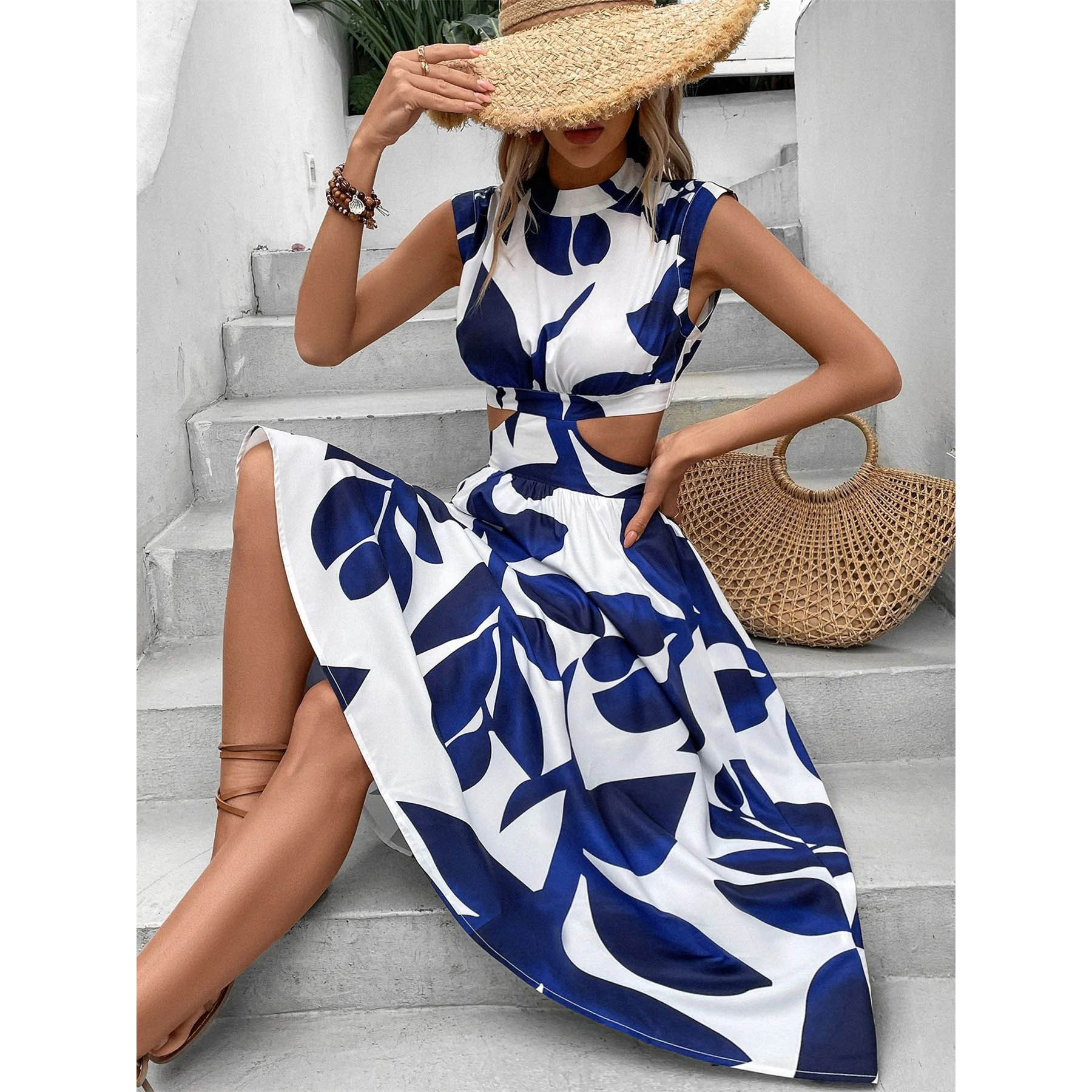 Women's Floral Print High-Waist Short-Sleeve Midi Dress