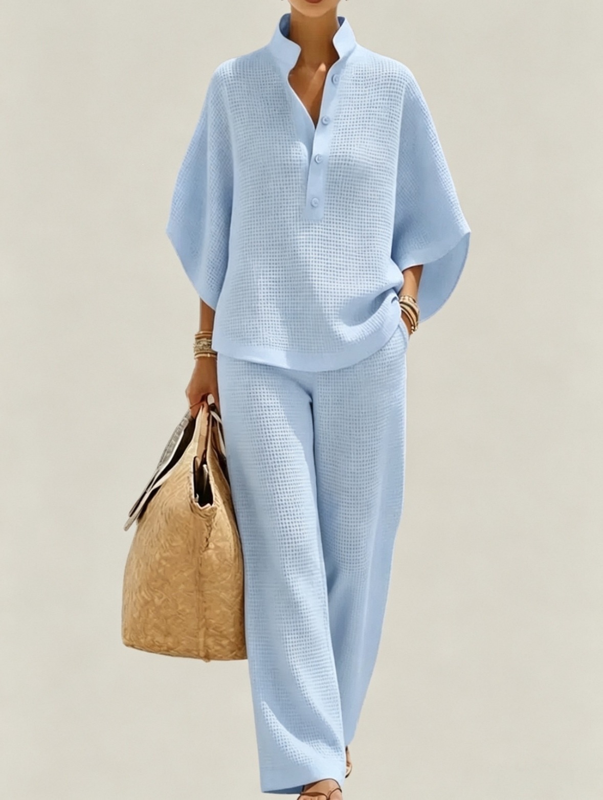 2026 New Casual Loose Stand Collar Set Breathable Waffle Wide-Leg Pants Two-Piece Set European American Best-Seller Women's Clothing