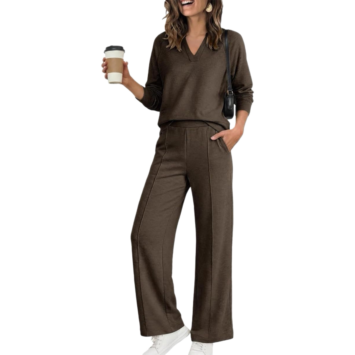 Women's Two-Piece V-Neck Shirt and Wide-Leg Pants Lounge Set