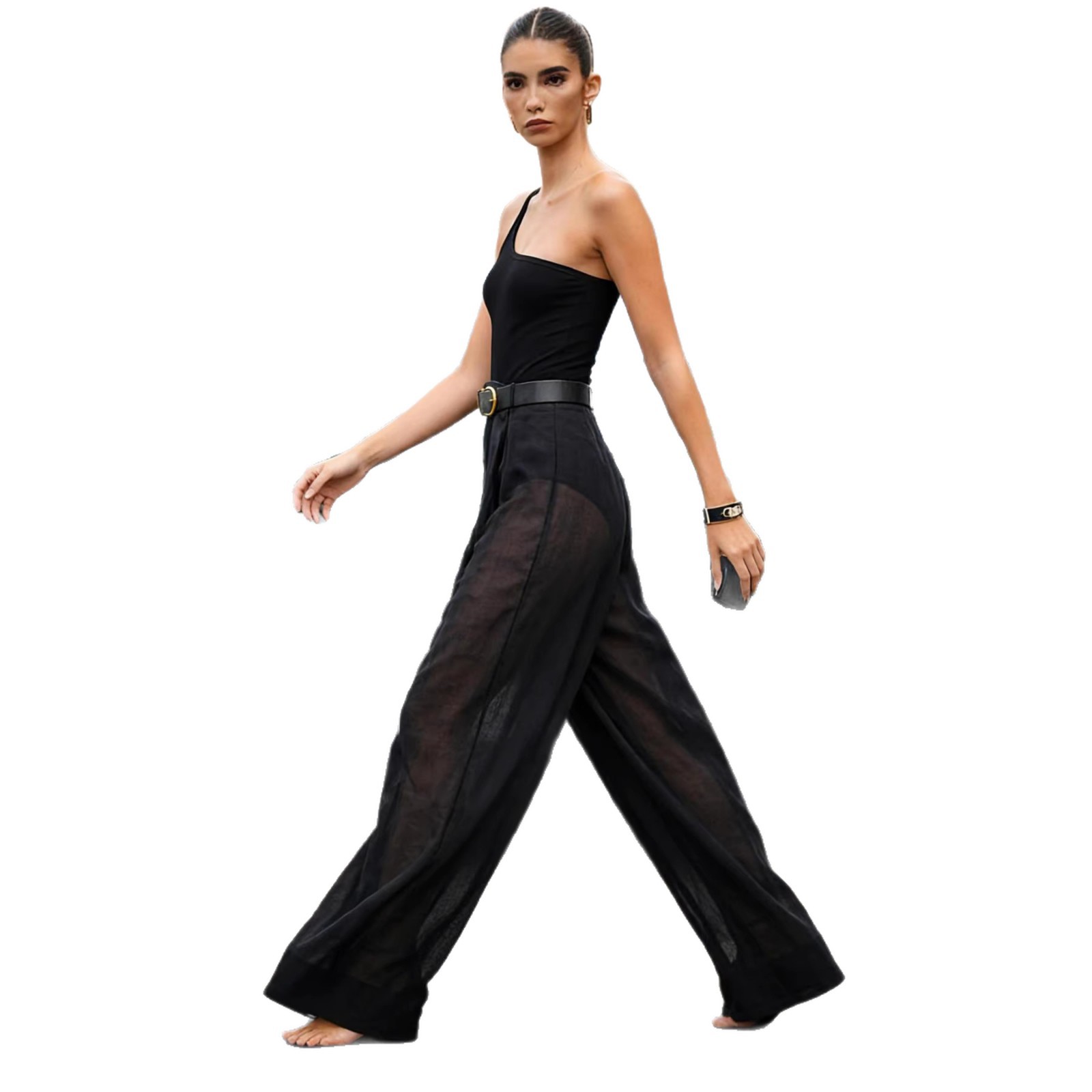 Asymmetric One-Shoulder Bodysuit & Sheer High-Waist Wide-Leg Pants Set