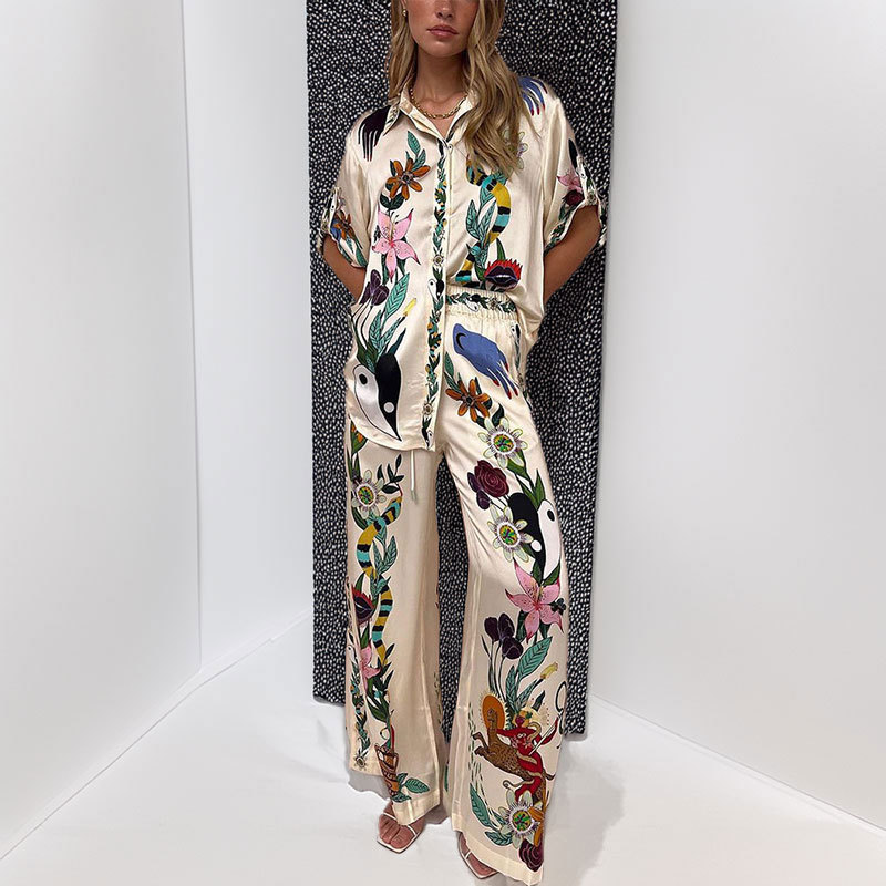 Women's Printed Collared Button-Front Shirt and Pants Casual Set