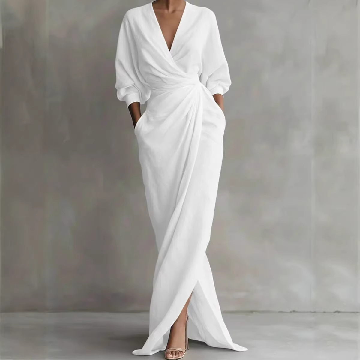 Elegant Solid V-Neck Long Sleeve Slit Waist Pocket Long Dress