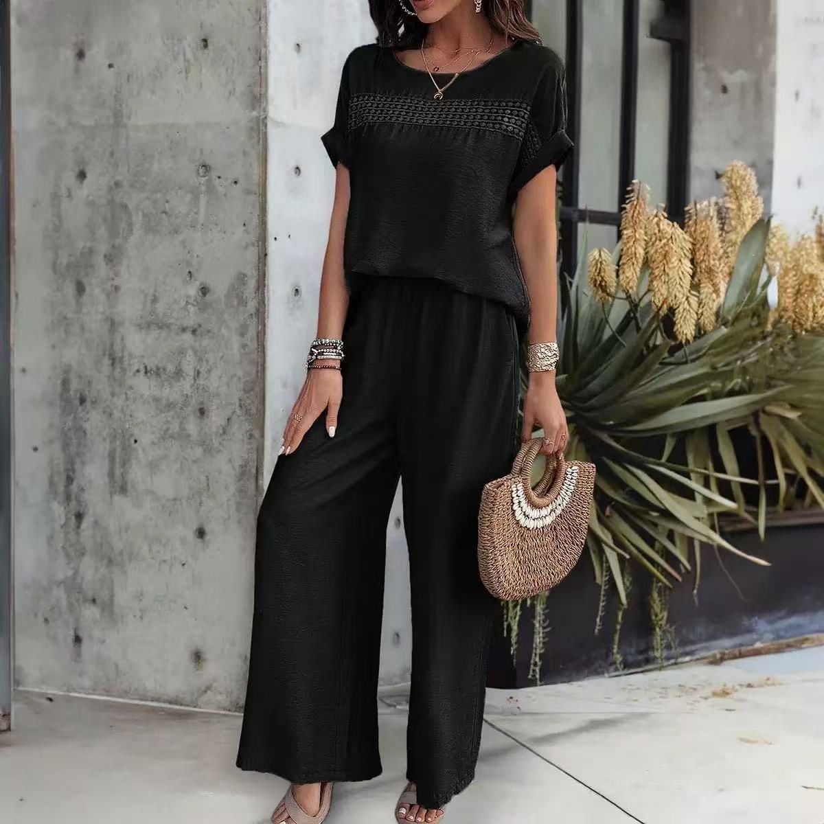 Women's Two-Piece Set with Lace Trim and Pockets