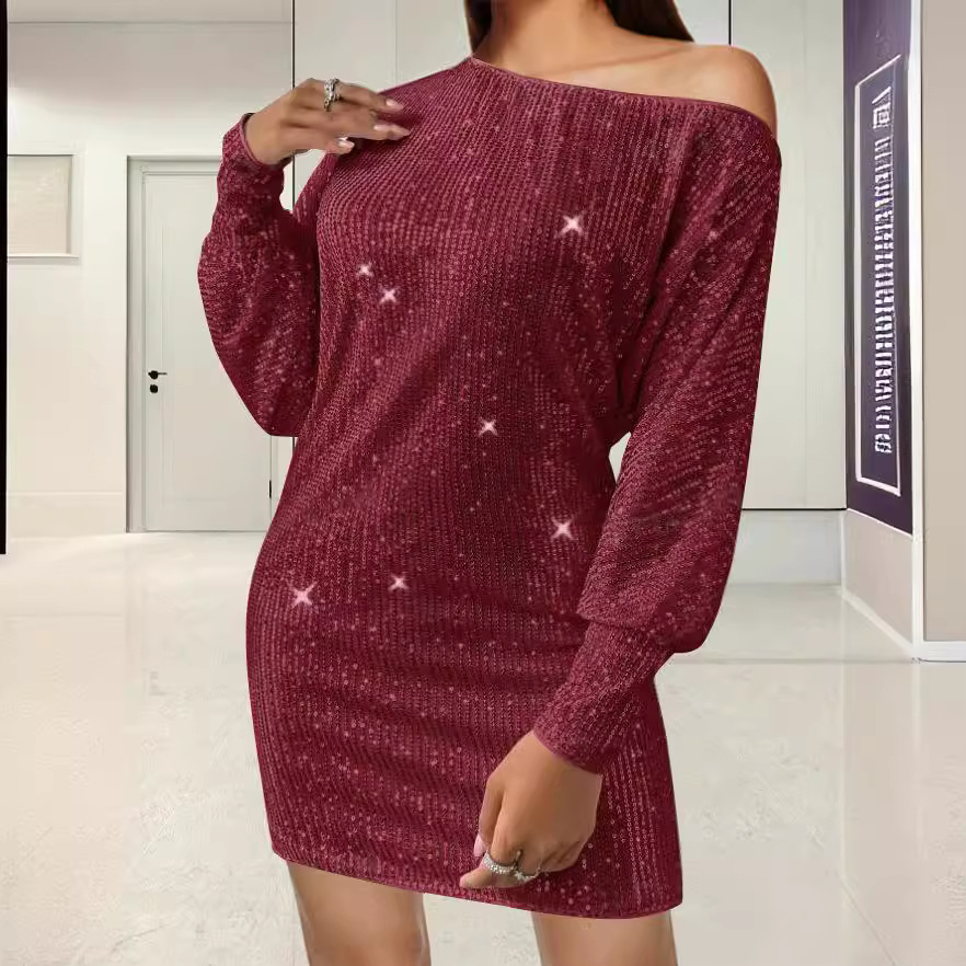 Elegant Solid Sequin Long Sleeve Bodycon Dress
