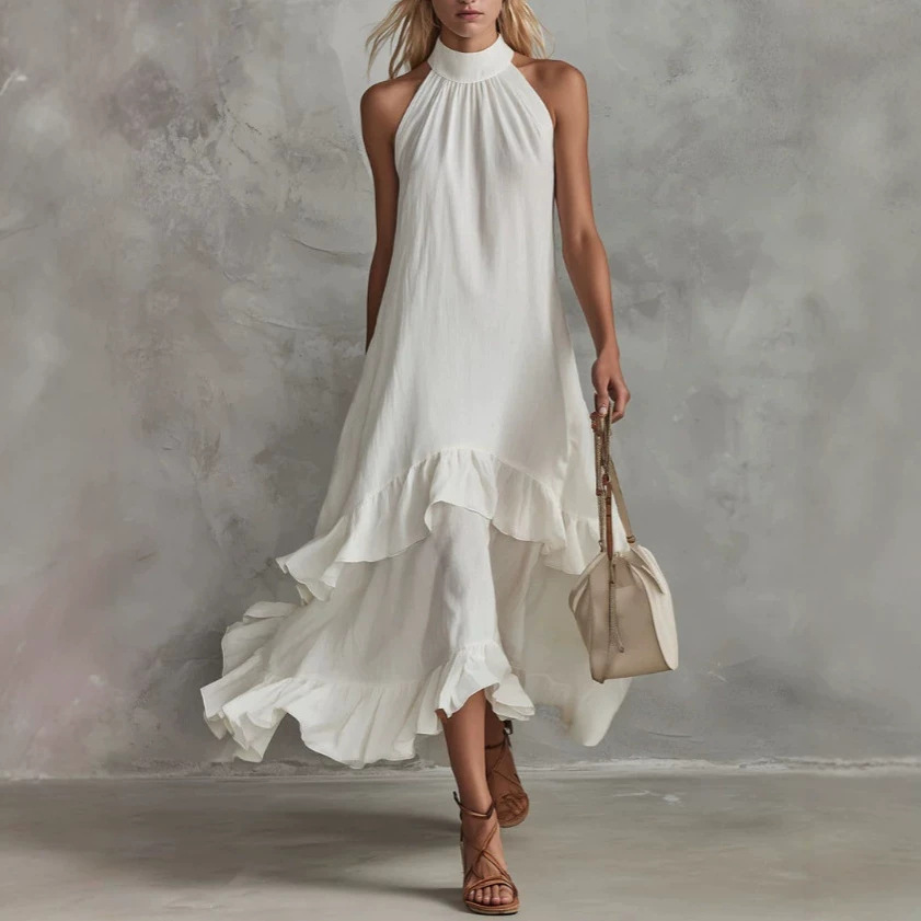 White Sleeveless Ruffle Midi Beach Dress