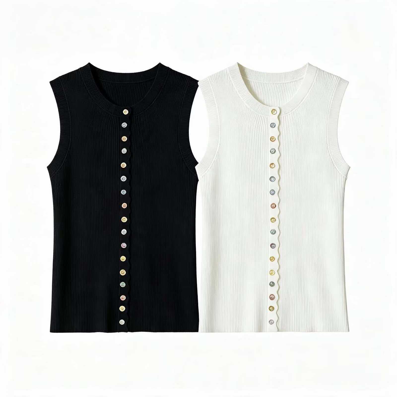 Women's Summer Sleeveless Knit Vest with Colorful Buttons and Scalloped Placket