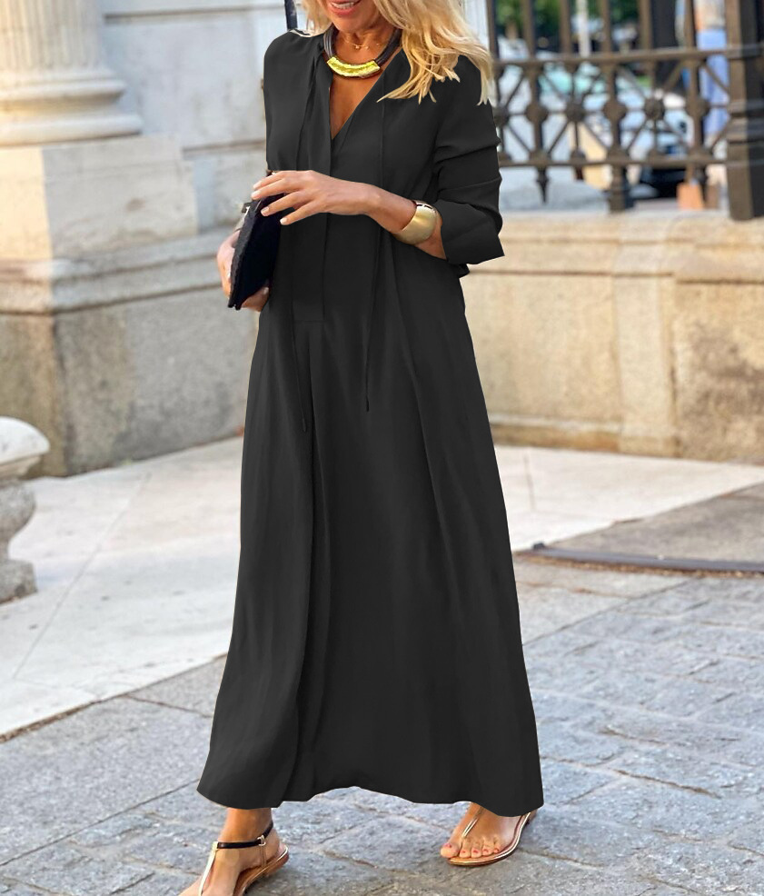 Solid Color Collared Long Sleeve Maxi Shirt Dress