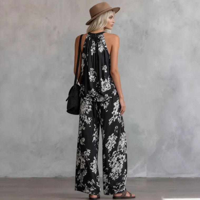 Floral Print Sleeveless Top and Pants Chiffon Set