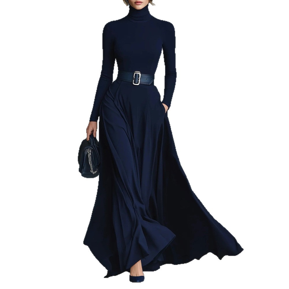Women's Long Sleeve Solid High Neck A-Line Maxi Dress