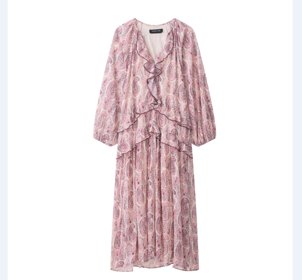 Layered Print Loose A-Line Long Dress with V-Neck and Ruffles