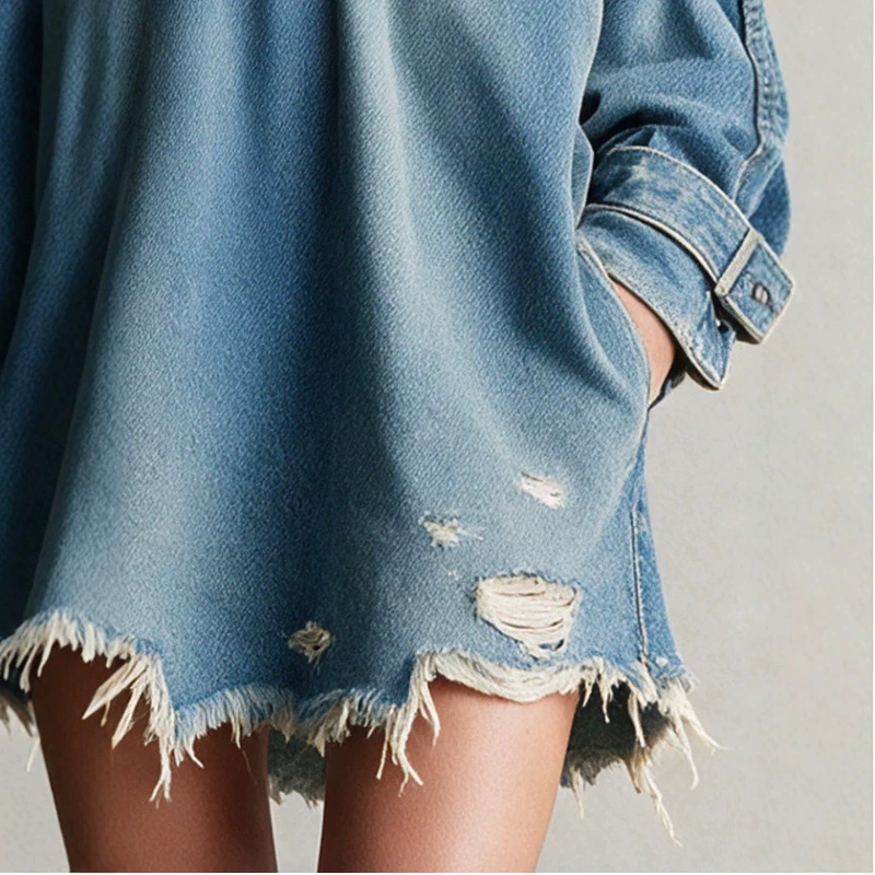 Retro Classic Blue Collared Half-Zip Denim Mini Skirt