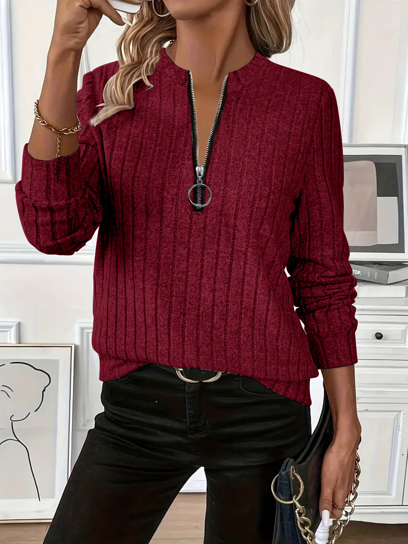 Women's Ribbed Knit V-Neck Zip Long Sleeve Top