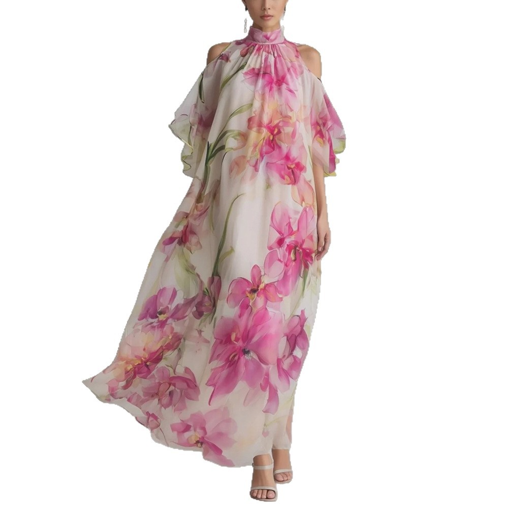 Floral Print Off-Shoulder Halter Maxi Dress Loose Flowy